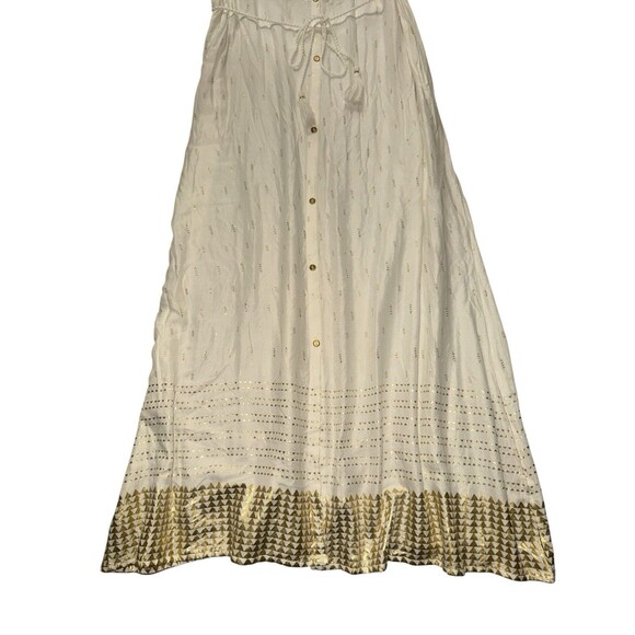 Ateesa Ivory Gold Print Button Maxi Dress Tie Coastal Cowgirl XL Made in India - Picture 2 of 8